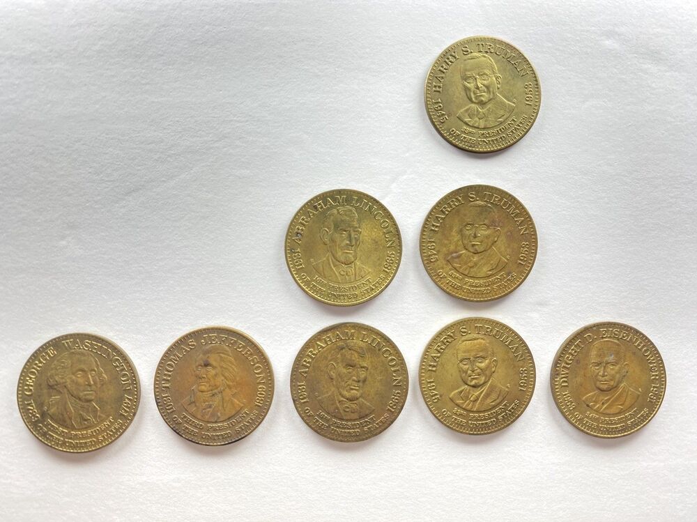 1992 Lot of 8 Shell Gasoline Presidential Collector Tokens Coins Lincoln Truman